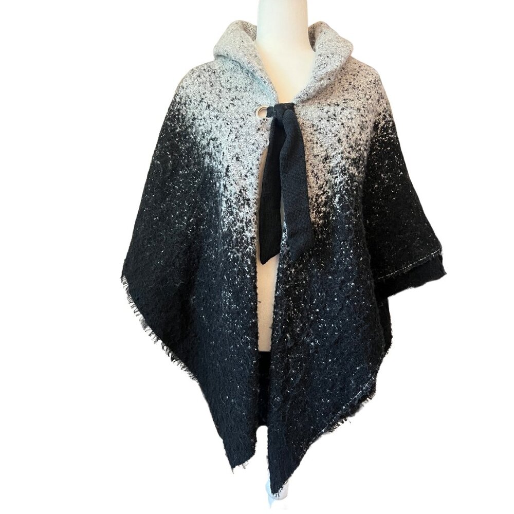 Ann Taylor Ombre Shawl Collar Poncho Cape One Size Gray Black Gradient Tie Front - Picture 2 of 6